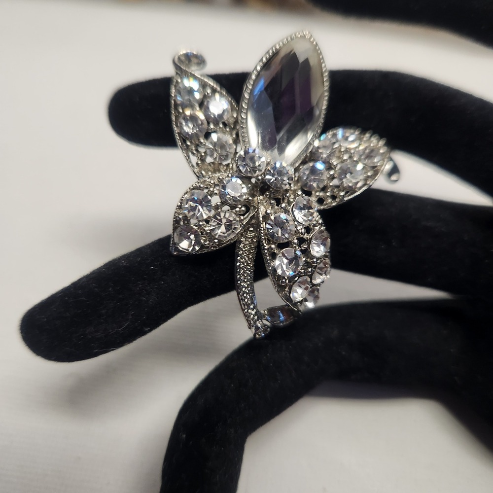 Silver Tone Clear Rhinestone Floral Brooch Pin Marquise Crystal Flower Vintage